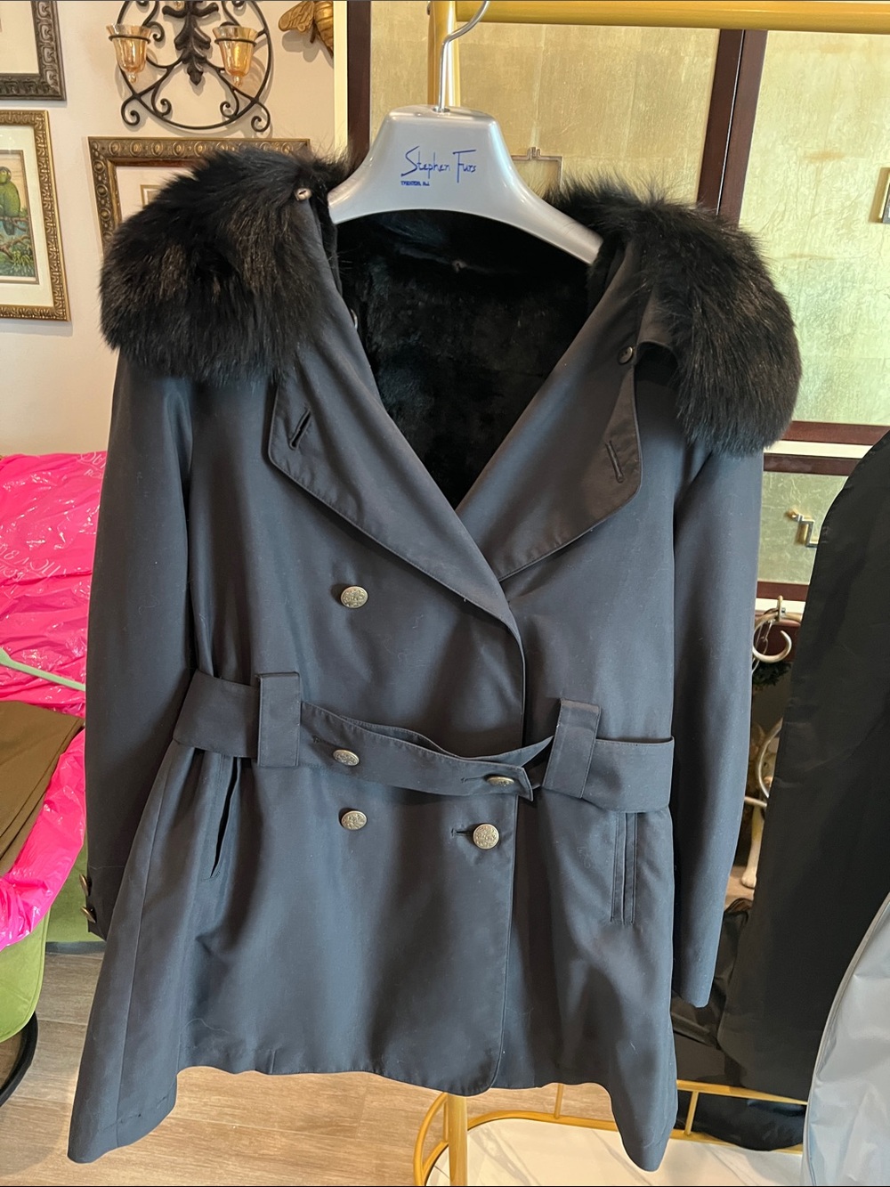 Black Women's Double-Breasted Coat with Faux Fur Trim removable fur lining